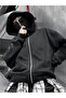 Oversized Zippered Black Unisex Hooded Cardigan with Mask Detail - 2