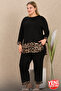 Leopard Patterned Top Slit Cuff Leg Sleeve Viscose Fabric Pajama Set with Bicycle Collar 11421 - 3