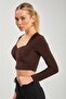 Women's Square Neck Long Sleeve Blouse - Brown - 3