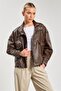 Women's Leather Look Double Pocket Jacket - Brown - 2