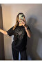 Stone Embroidered Rhinestone Patterned Black Oversize Unisex T-Shirt - 2
