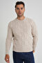 Men's Beige Cycling Collar Hair Braided Wool Sweater Trist-5346