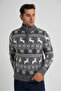 Trist Star Men's Dark Grey Short Zip-Up Standing Collar Jacquard Deer Wool Christmas Sweater Trist-5362 - 4