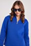 Women's Relax Fit Comfortable Cut Cotton Fleece Lined Half Zipper Sax Blue Stand Collar Sweatshirt - 2