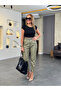 Elasticated Waist Piped Khaki Leather Trousers - 2