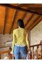 Women's Yellow V-Neck Ribbed Flounce Knitwear Sweater - 5