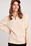 Women's Relax Fit Comfortable Cut Cotton Inside Fleece Half Zipper Ecru Stand Collar Sweatshirt - 5