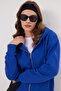 Women's Relax Fit Comfortable Cut Cotton Fleece Lined Double Pocket Zippered Sax Blue Hooded Sweatshirt