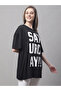 Women Black Oversized Slogan Print T-Shirt - 4