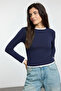 Navy Blue Color Block Fitted/Slim Fit Viscose/Soft Fabric Stretch Knitted Blouse Twoaw25Bz00114