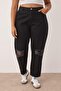 Siyah Destroy Detaylı Mom Fit %100 Pamuk Non-Stretch Denim Büyük Beden Jeans TBBSS23CJ00019 - 5