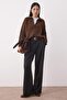 Siyah Düz Wide Leg/Geniş Kesim Lastikli Pileli Esnek Örme Pantolon TWOAW26PL00058