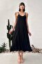 Aerobin Fabric Long Black Dress with Adjustable Straps