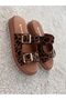 Dodo Women's Genuine Leather Lightweight Anatomical Buckle Daily Lightweight Slippers P327- Leopard - 5