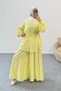 Double Set with Gathered Balloon Sleeves, Belt Detail Blouse and Wide Leg Trousers 8882 - Yellow - 3