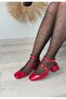 Karx Red Patent Leather Open Back Square Toe Helmet Short Block Heeled Shoes - 5