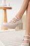 Jasmine Premium Women's Beige Patent Leather Daily Platform Heeled Double Helmet Loafer Shoes - 5