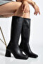 Women's Black Zippered Knee Blunt Toe Bottom Heeled Boots - 3