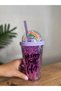 Purple Color Rainbow Figured Lighted Water Bottle with Straw - 2