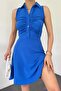 Flexible Fabric Shirt Collar Ottoman Design Sleeveless Blue Dress 5060 - 2