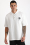 Chest Mykonos Embroidery Detailed Double Pique Fabric Loose Fit Men's Polo Neck T-Shirt - 6