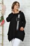 Women's Black Shoulder Detailed Front Butterfly Stone Embroidered Long Sleeve Tunic