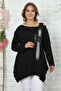 Women's Black Shoulder Detailed Front Butterfly Stone Embroidered Long Sleeve Tunic - 3