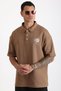 Chest Mykonos Embroidery Detailed Double Pique Fabric Loose Fit Men's Polo Neck T-Shirt - 4