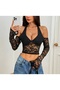 Black Lace Detailed Bust Low-Cut Halter Neck Off-The-Shoulder Sleeves Crop - 2