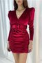 Women's Velvet Fabric Princess Sleeve Belt Detailed Skirt Gathered Burgundy Mini Dress 582015 - 5