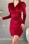 Burgundy Velvet Fabric Princess Sleeve Belt Detailed Skirt Gathered Double Breasted Collar Mini Evening Dress 582015 - 8