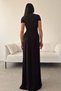 Women's Stretchy Sandy Fabric Deep V Neck Slit Short Sleeve Black Maxi Evening Dress 582862 - 3