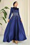Flared Front Stone Patterned Satin Hijab Evening Dress Dark Blue 1680 - 5