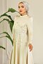 Flared Front Stone Patterned Satin Hijab Evening Dress Bej 1680 - 3