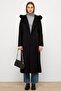 Fur Hooded Waist Tie Long Coat Black 3107
