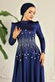 Flared Front Stone Patterned Satin Hijab Evening Dress Dark Blue 1680 - 4