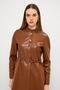 Judge Collar Belt Detailed Long Leather Trench Coat Taba 6775 - 6