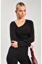 Women's Side V-Neck Gathered Blouse - Black - 2