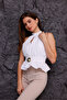 Women's White Buckle Detailed Halter Neck Peplum Blouse - 6