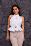 Women's White Buckle Detailed Halter Neck Peplum Blouse - 4