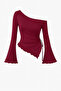 Burgundy Long Sleeve Asymmetrical Neckline Draped Side Tie Blouse Top - 3