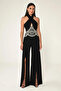 Crepe Long Jumpsuit with Cross Tie on the Neck and Stone Accessories