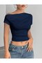 Advantageous Pack of 3 Navy Blue, Cream, Pink Women's Off-The-Shoulder Viscose Blouse with Pleat Detail - 2