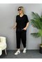 Women's Short Sleeve V-Neck Sequined Viscose Two Thread Blouse and Pants Set - 7