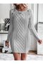 Women's Boat Neck Hair Weave Jacquard Pattern Button Detailed Gray Knitwear Elegant Dress