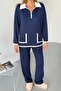 Navy Blue Modal Fabric Cotton Double Suit Women - Comfortable Stylish Bottom Top Set - Zipper Collar Pocket