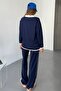 Navy Blue Modal Fabric Cotton Double Suit Women - Comfortable Stylish Bottom Top Set - Zipper Collar Pocket - 8