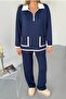 Navy Blue Modal Fabric Cotton Double Suit Women - Comfortable Stylish Bottom Top Set - Zipper Collar Pocket - 7