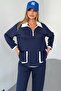 Navy Blue Modal Fabric Cotton Double Suit Women - Comfortable Stylish Bottom Top Set - Zipper Collar Pocket - 6