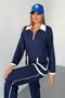 Navy Blue Modal Fabric Cotton Double Suit Women - Comfortable Stylish Bottom Top Set - Zipper Collar Pocket - 4